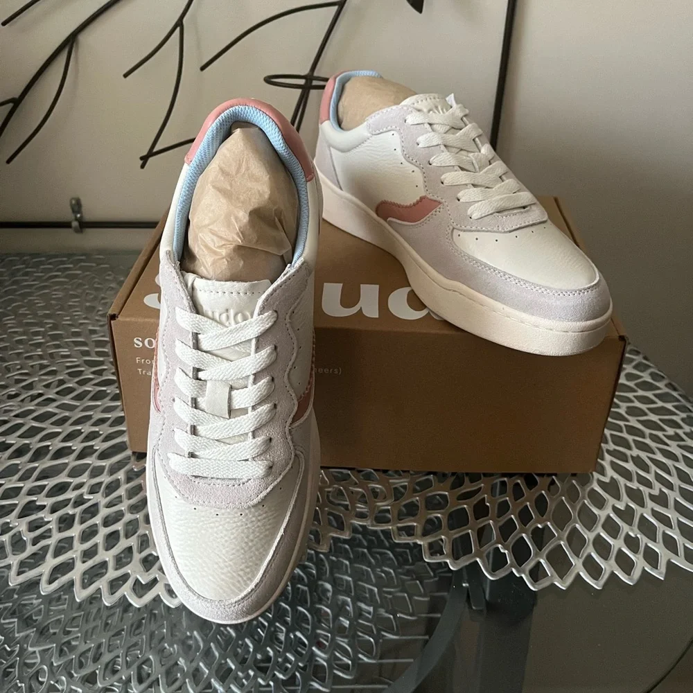 Soludos Roma Leather Lace Up Sneakers Size 8 White Pink Lt Blue New in Box